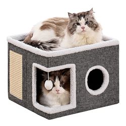 Cat Beds for Indoor Cats, Large Cat Cave with Fluffy Ball and Scratch Pad, Foldable Cat Scratch House with Hideaway Condo for Kitten,16x16x13inch,Grey
