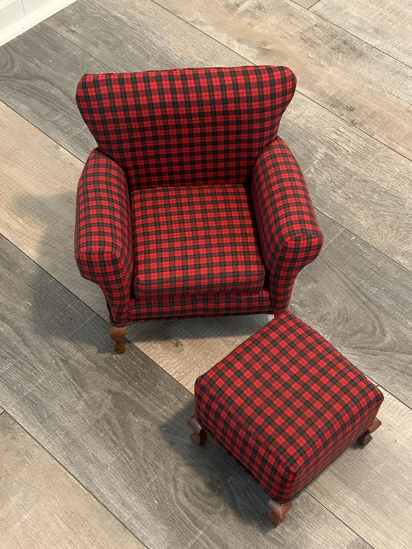 Vintage Red Green Plaid Small Chair and Ottoman with Wooden Legs V