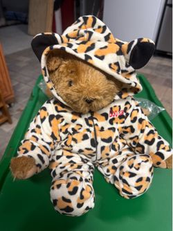 Boo bear Vermont Teddy Bear jointed plush wearing a rare leopard print hooded onesie outfit.