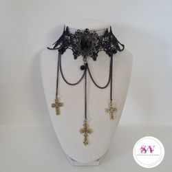 Black Lace Choker With Gold Cross Decor