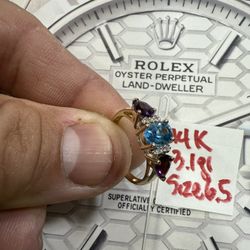 14K Solid Gold Wedding Ring TOPAZ AMATISTA AND DIAMONDS 💎 STONES 3.1Gr Size 6.5