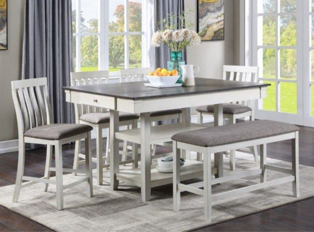 Brand New Antique White Grey 6pc Counter Height Dining Table Set