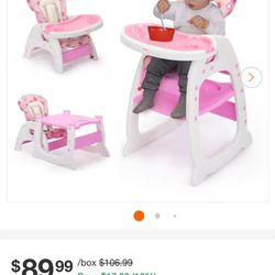 3-in-1 Convertible Toddler High Chair Table Baby Booster Seat With Feeding Tray,Pink