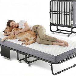 S283-Folding Bed with Memory Foam Mattress, Portable Rollaway Guest Beds on Wheels, 75"x31" Twin Size Space-Saving Cot-Size Bed for Adults with Easy A