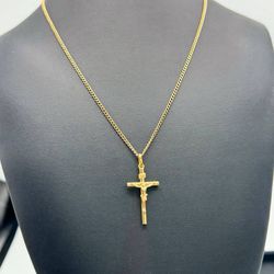 18k solid yellow gold cross pendant & 14k gold 19” curb chain necklace