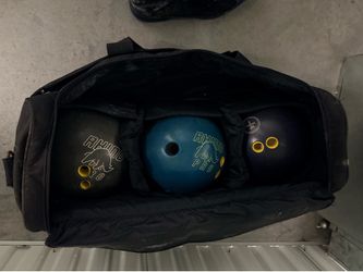 3 Bowling Balls w/ Ebonite Rolling Bag – Brunswick Rhino Pro & Hammer