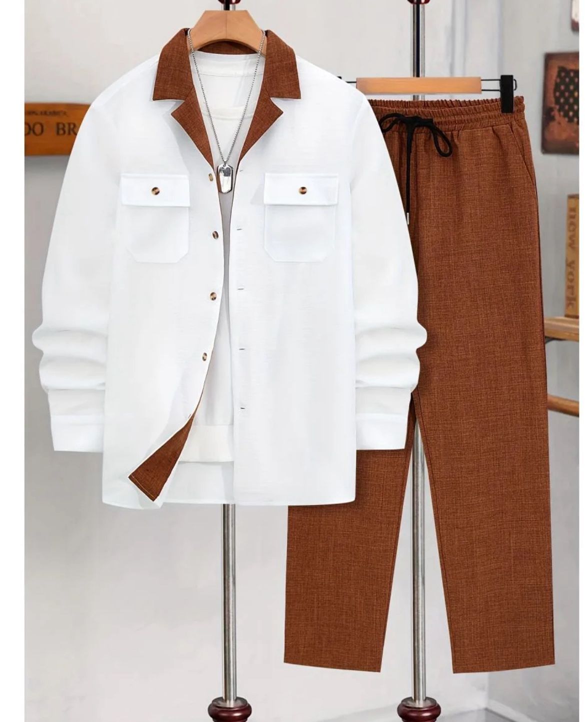Men's Solid Button Front Longsleeves Shirt & Drawstring Waist Pants Set, Regular Fit Long Sleeve