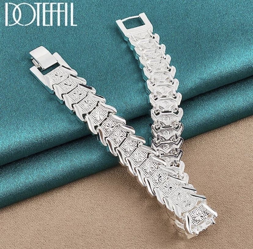925 Sterling Silver Wide Wristband Bracelet Chain For Women Man Wedding Engagement Party Fashion Jewelry Length: 20 cm ‎‏Pin ‎‏Brooch ‎‏Jewelry   ‎‏Ea