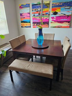 Modern 6-Piece Dining Set w/ Bench, Leaf & Lazy Susan – Excellent Condition