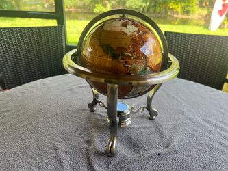 BRAND NEW Vintage Semi-Precious Gemstone World Globe on Brass Tripod Stand with Compass