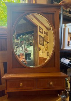 Vintage Light Brown Oak Wall Mirror with Drawers