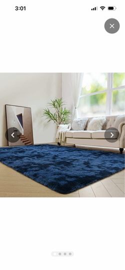 6x9 ft Navy Blue Rectangle Fluffy Rug, Tie-Dyed Shag Plush Rectangle Carpet Nursery Playroom Dorm Living Room Decor, Non Slip Backing, High Piles, Eas