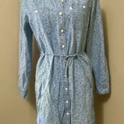Levi’s Chambray Blue Denim Shirt Dress Button Up Western Horseshoe Bird Print L