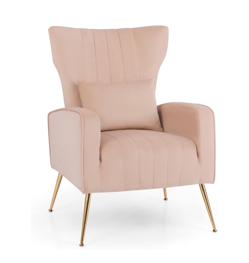 New Velvet Accent Chair with Lumbar Pillow, Upholstered Tufted Wingback Arm Chair w/Golden Metal Leg