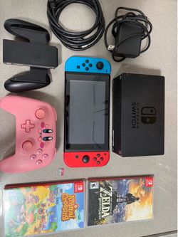 Nintendo Switch V2 Bundle + 256GB SD, 2 Games, & PowerA Kirby Controller