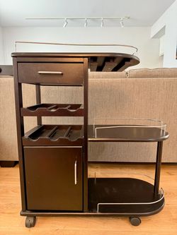 FREE - Dark Wood Rolling Bar Cart with Wine Rack
