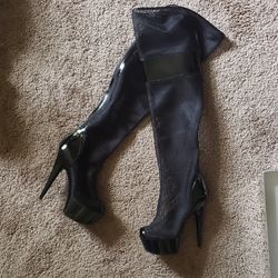 Elle Black mesh thigh high boots- never worn