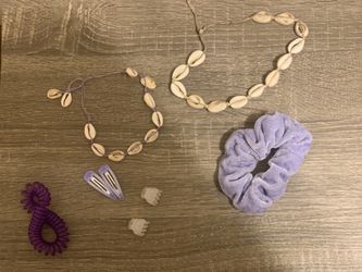 Scrunchies, shell necklace, hair clips