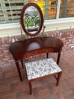 Vintage Kidney Shaped Vanity Desk with Mirror and Stool
