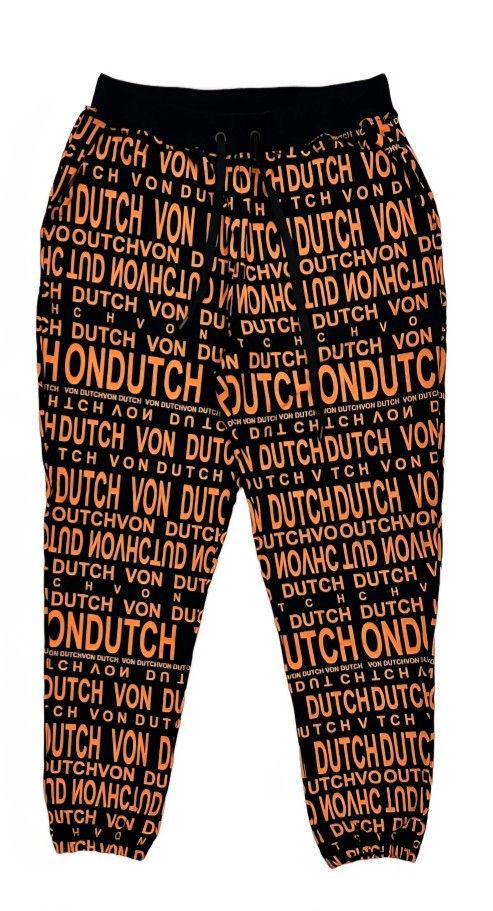 Von Dutch Men's All Over Monogram Print Jogger Sweatpants Size 2XL Black/Orange