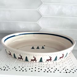 Boleslawiec Poland pottery Christmas baker casserole dish  12”x 9”x 2 1/4” Reindeer and Christmas tree design in brown greens and blue