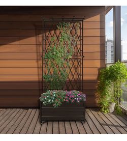 Metal Planter Box with Lattice Trellis and Wheels, 70 inches Tall