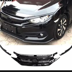 Fits 16-21 Honda Civic 10th OE Style Front Bumper Hood Grille Grill Gloss Black
