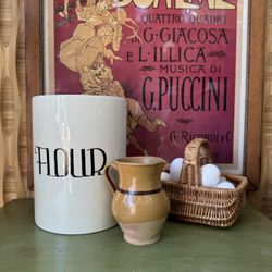 Vintage Flour Canister No Lid Crack Craze Holiday Designs USA Utensil Holder Crock Cottage Farmhouse