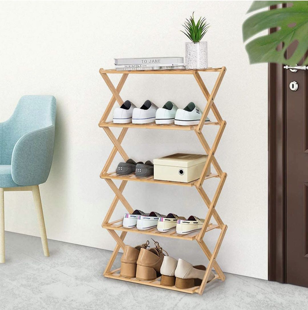 Shoe Rack, Foldable Bamboo 5 Tier Shoe Storage Organizer, 35H X 19W X 10D Inch, Bamboo Plant Stand Shelf Entryway, Hallway, Living Room