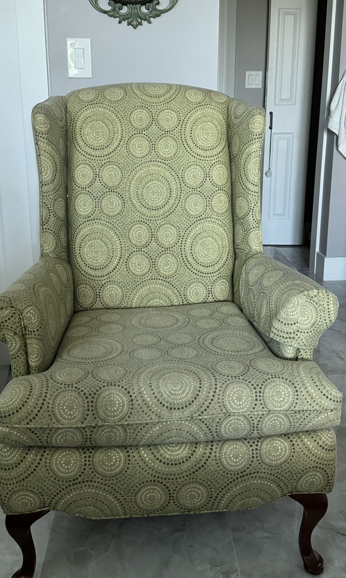 Traditional Classic Wingback Chair In Green And Beige Upholstery