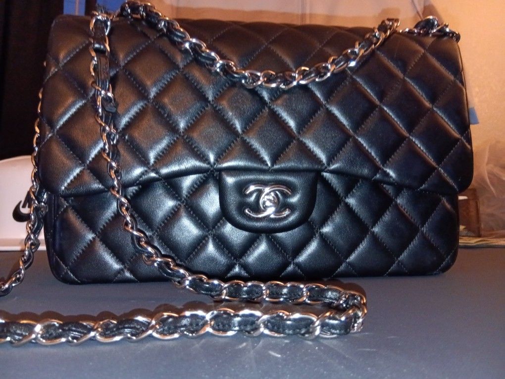 Chanel Classic Blk Leather LG Size Lambskin Blk And Silver Shoulder Bag