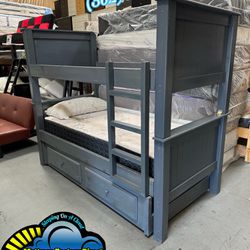New Twin / Twin Solid Wood Grey Bunk Bed With Both Top Mattresses And Trundle Bed Only 
