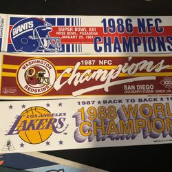 x3 Vintage 1980s authentic original Bumper Stickers NY Giants 1986 Washington Redskins 1987 Los Angeles Lakers 1988 Stickers Champions Mint rare 