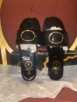 Black Patent Slide Sandals with Gold Buckle