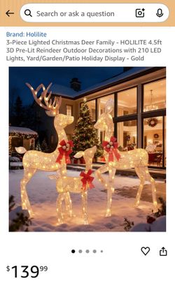 Holilite 3-Piece 4.5ft Lighted Christmas Deer Family 210 LED Gold Reindeer Decor