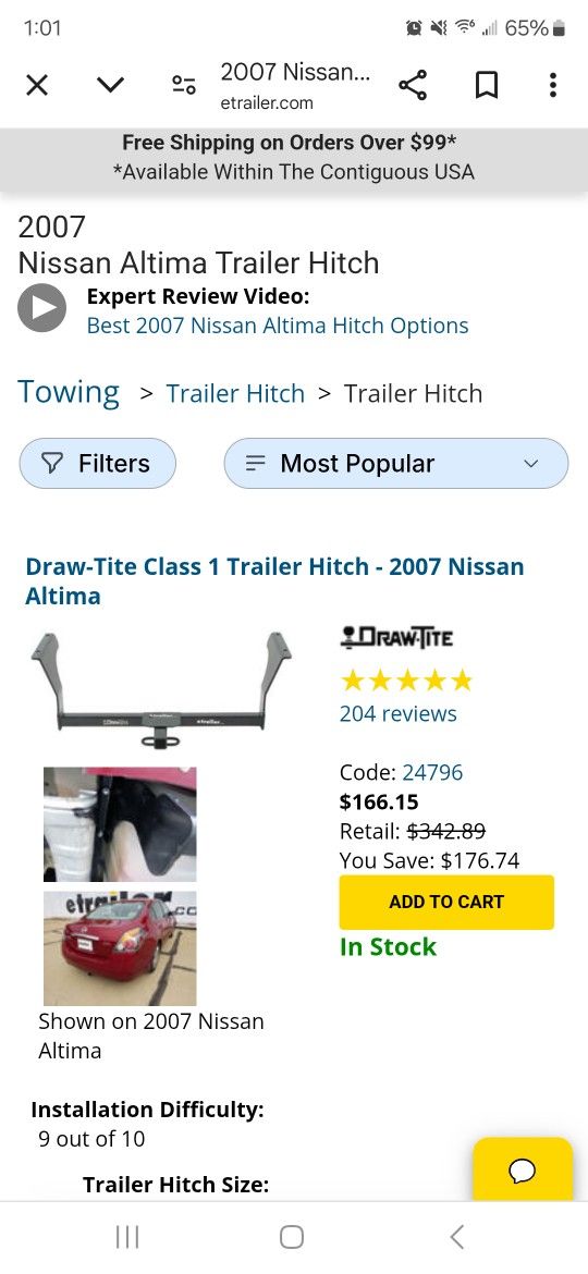 2007 Nissan Altima Complete Trailer Hitch