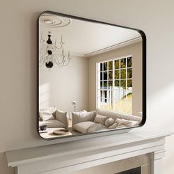 40 in. W x 36 in. H Rectangular Aluminum Framed Modern Black Rounded Wall Mirror