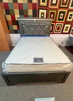Bed Frame with Tufted Headboard and Mattress