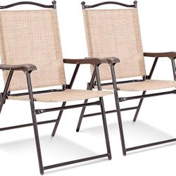 Set of 2 Patio Folding Chairs, Outdoor Patio Dining Chairs w/Armrest, Sling Back, Metal Frame, Outside Use for Lawn Camping Garden Pool Beach Yard Lou