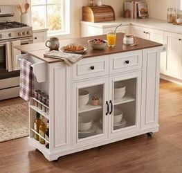 SOME DAMAGES Assembled New 54" Rolling Kitchen Island with Power Outlet & Storage Kitchen Cart