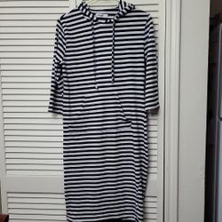 Missky Women's Casual Pocket Slim PullOver Maxi Navy Bule And White Striped Hoodie Dress Size Large 