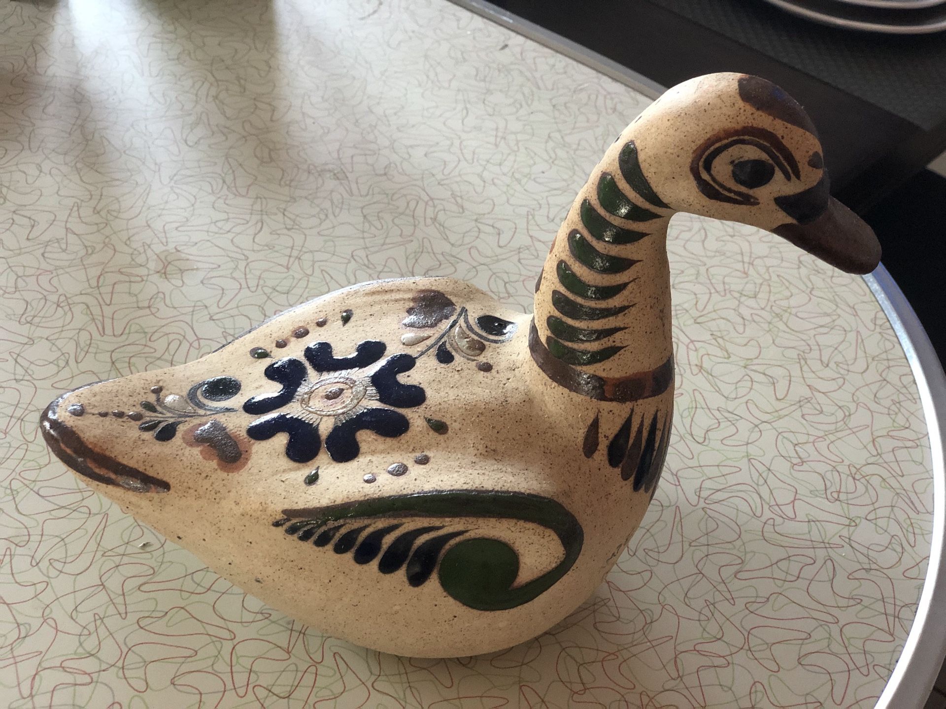 Vtg Ceramic Mexican Pottery Duck Bird Figurine Hand Painted Floral Design