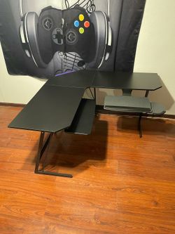 L Shape Gaming Desk Fully Assembled With Keyboard Trays And Headphone Hooks