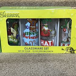 SHREK MOVIE GLASSWARE SET 4 NEW CHRISTMAS GLASSES 10 Oz Donkey