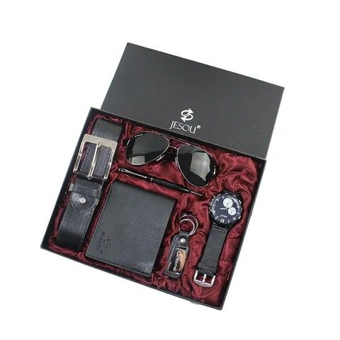 Deffun 6 Pcs Men Watch Set Glasses Belt Wallet Keychain Pen Kit Quartz Watch Set.