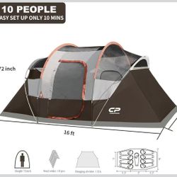 Camping Tent 10 Person Family Cabin Tent, 2 Room Water Resistant Waterproof Tent with Top Rainfly, 4 Large Mesh Windows, Double Layer, Easy Set Up, Po