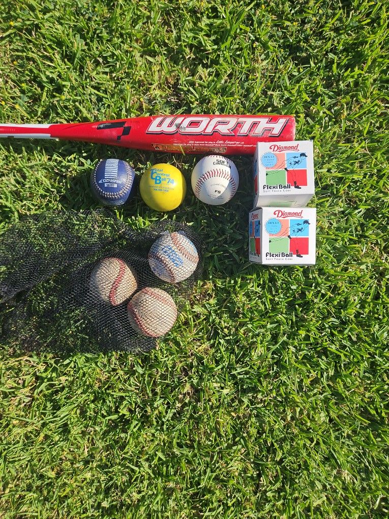 28in 17oz Worth Youth Baseball Bat and Balls
