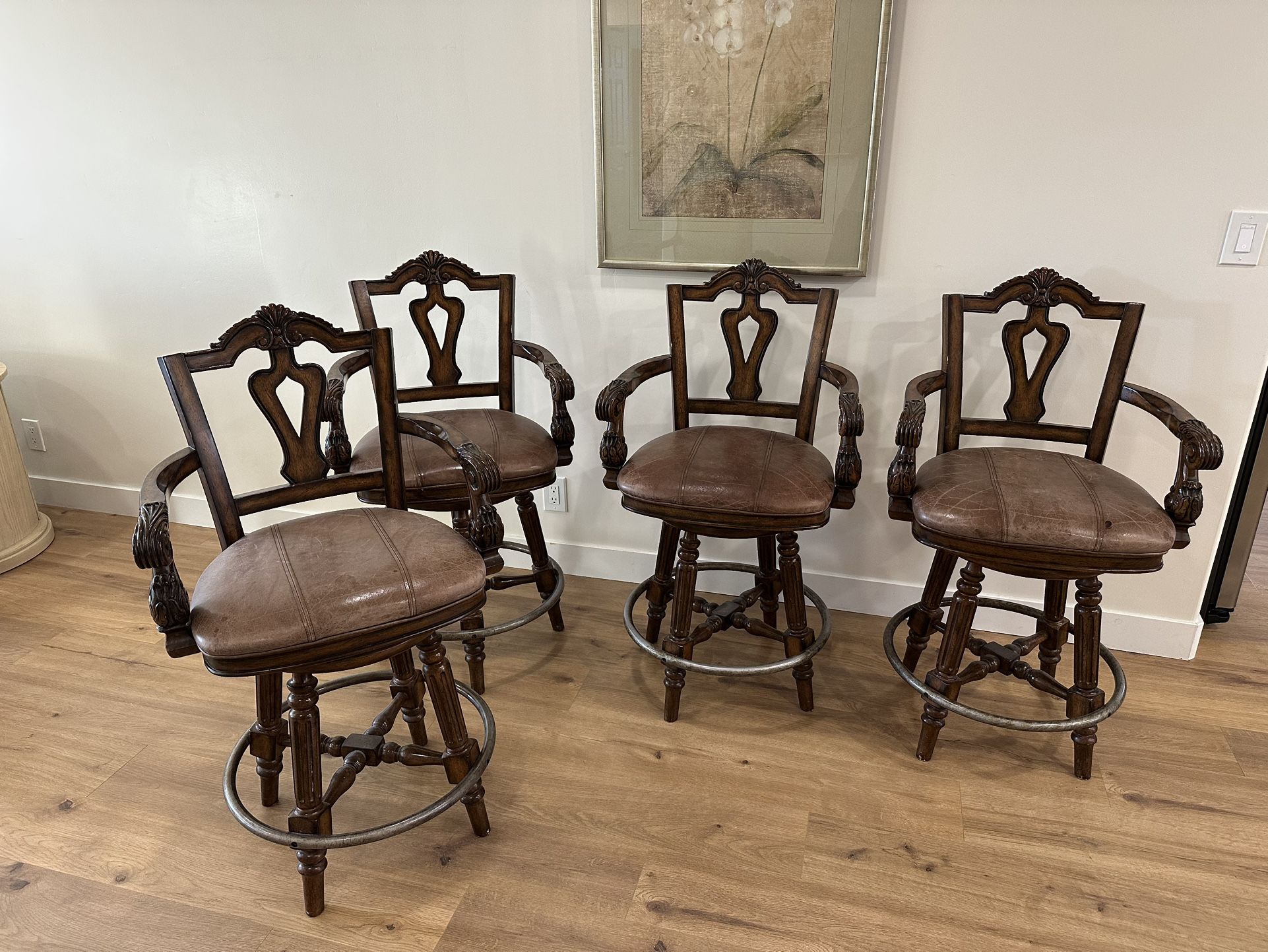 Swivel Bar Stools, Set of 4, Wood, Leather