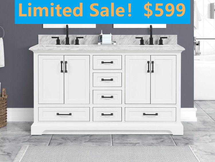 60-in Carrara White Bathroom Vanity with Natural Marble Top,3504-C833D Clearance Sale