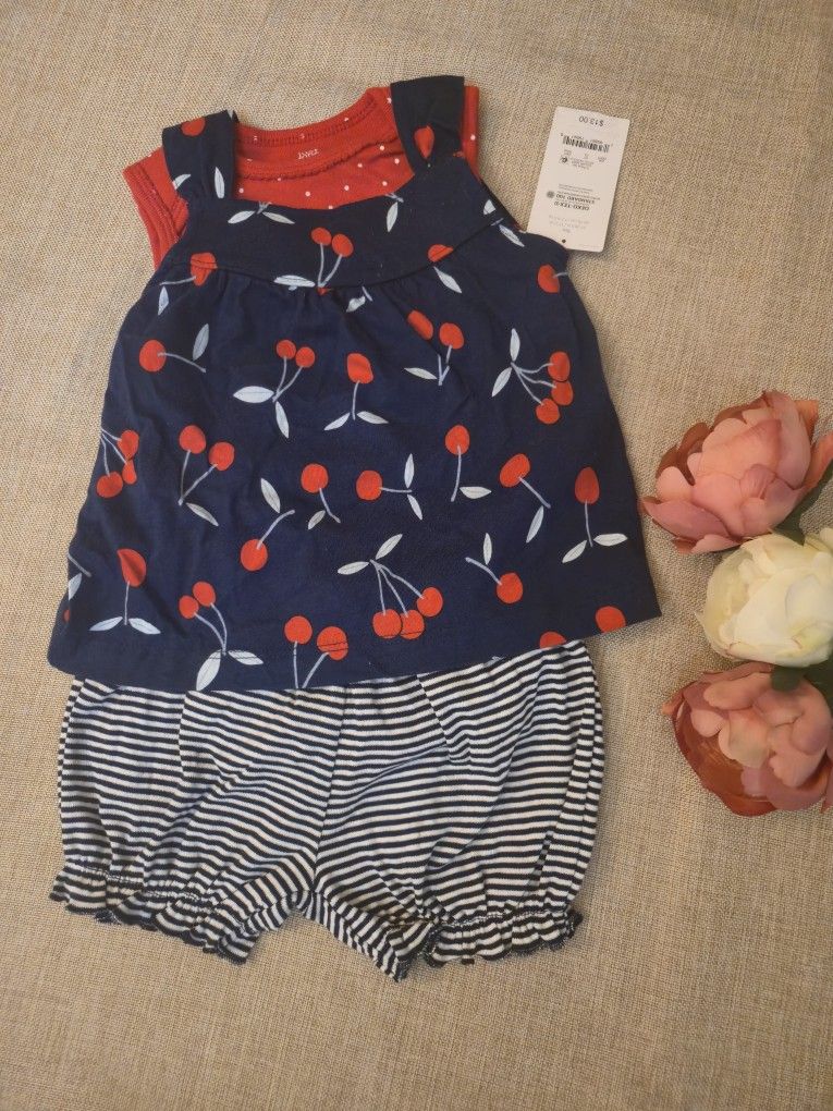 9m Just One You Cherry Print Baby Dress with Striped Bloomers. Baby Summer Dress